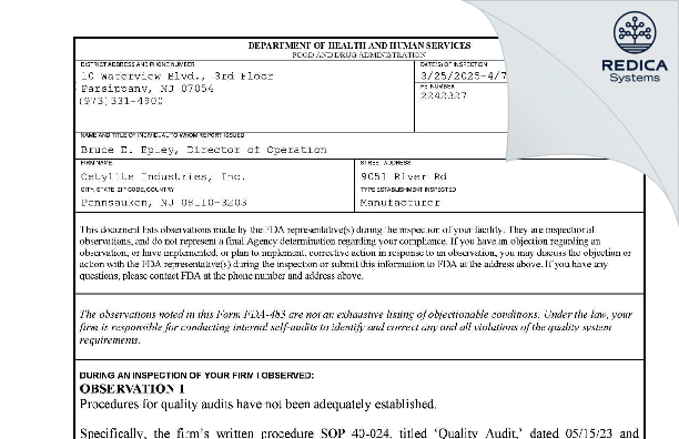 FDA 483 - Cetylite Industries, Inc. [Pennsauken / United States of America] - Download PDF - Redica Systems