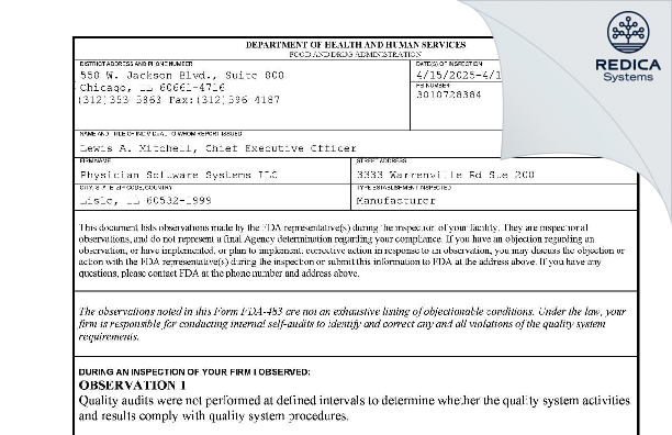 FDA 483 - Physician Software Systems LLC [Lisle / United States of America] - Download PDF - Redica Systems