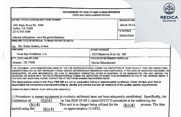 FDA 483 - Texas Eye Prosthetics, LLC [Houston / United States of America] - Download PDF - Redica Systems