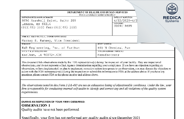FDA 483 - R&D Engineering, Inc. of Earlham [Earlham / United States of America] - Download PDF - Redica Systems
