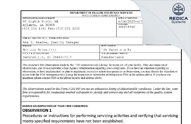 FDA 483 - HORIZON SCIENTIFIC, INC [Summerville / United States of America] - Download PDF - Redica Systems