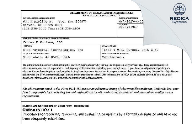 FDA 483 - Electromedical Technologies, LLC [Scottsdale / United States of America] - Download PDF - Redica Systems
