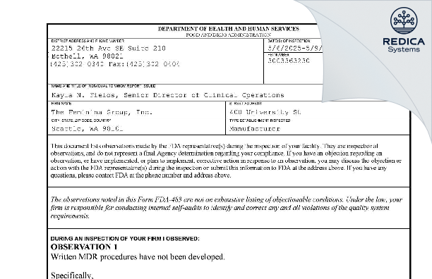 FDA 483 - The Feminina Group, Inc. [Seattle / United States of America] - Download PDF - Redica Systems