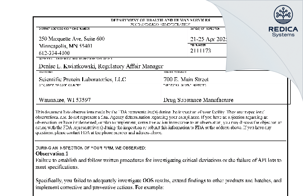 FDA 483 - Scientific Protein Laboratories LLC [Waunakee / United States of America] - Download PDF - Redica Systems