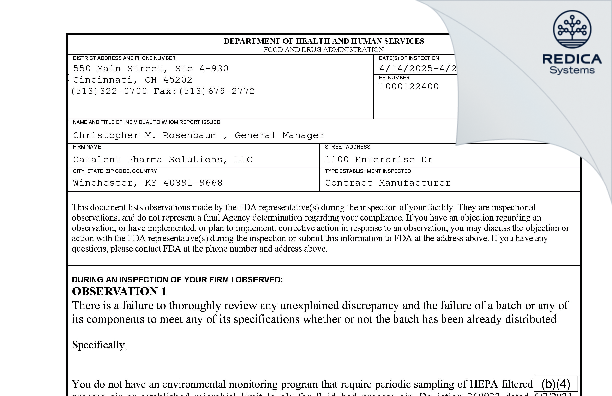 FDA 483 - Catalent Pharma Solutions, LLC [Winchester / United States of America] - Download PDF - Redica Systems
