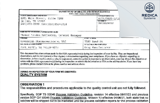 FDA 483 - Sovereign Pharmaceuticals, LLC [Fort Worth / United States of America] - Download PDF - Redica Systems
