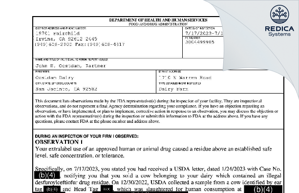 FDA 483 - Oostdam Dairy [San Jacinto / United States of America] - Download PDF - Redica Systems
