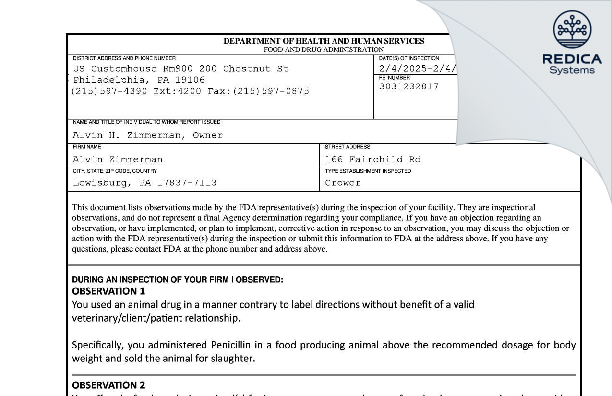 FDA 483 - Alvin Zimmerman [Lewisburg / United States of America] - Download PDF - Redica Systems