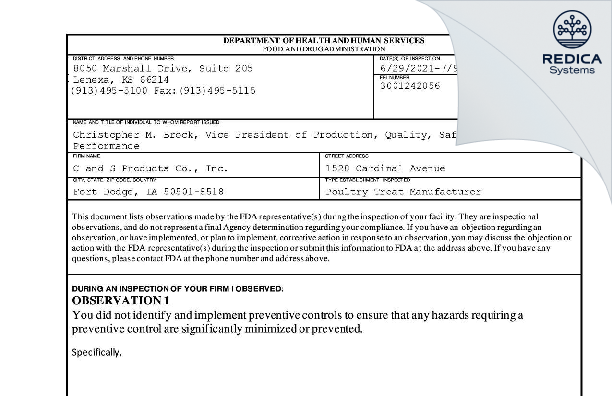 FDA 483 - C and S Products Co., Inc. [Fort Dodge / United States of America] - Download PDF - Redica Systems
