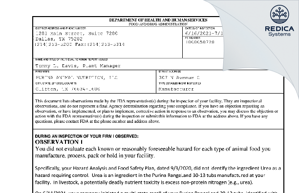 FDA 483 - PURINA ANIMAL NUTRITION, LLC [Clifton / United States of America] - Download PDF - Redica Systems