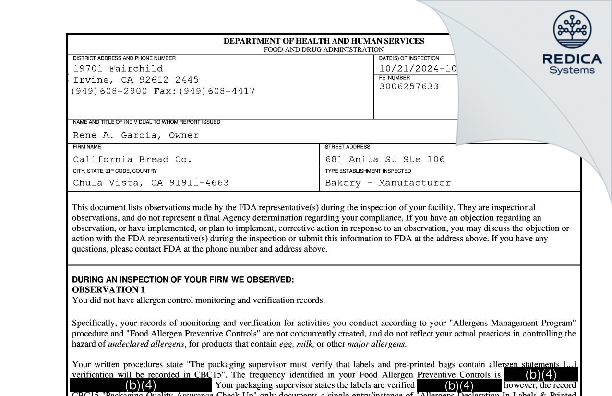 FDA 483 - California Bread Co. [Chula Vista / United States of America] - Download PDF - Redica Systems