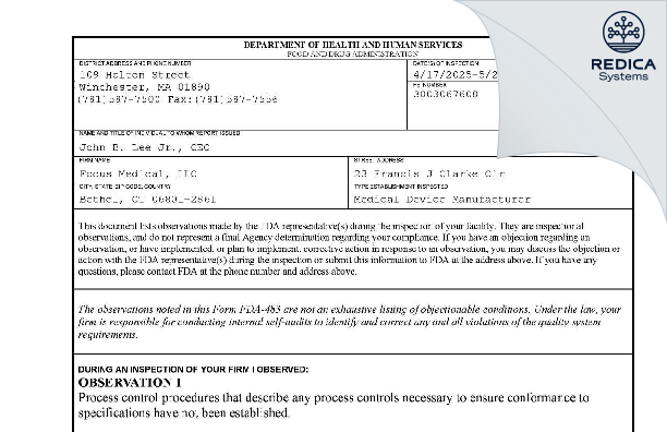 FDA 483 - Focus Medical, LLC [Bethel / United States of America] - Download PDF - Redica Systems