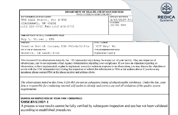 FDA 483 - Saltillo Corporation [Wooster / United States of America] - Download PDF - Redica Systems