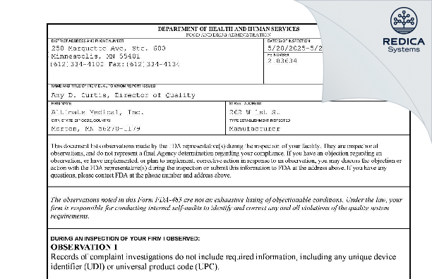 FDA 483 - Altimate Medical, Inc. [Morton / United States of America] - Download PDF - Redica Systems