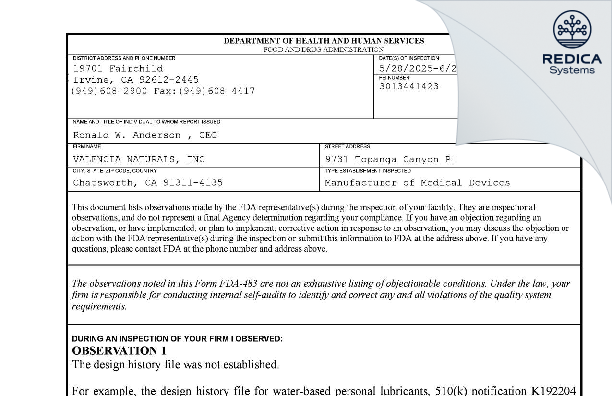 FDA 483 - VALENCIA NATURALS, INC [Chatsworth / United States of America] - Download PDF - Redica Systems