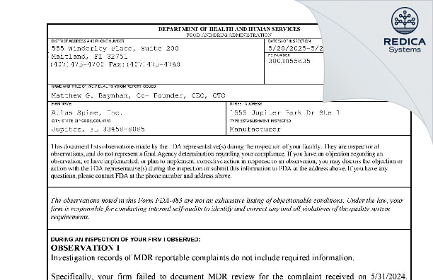 FDA 483 - Atlas Spine, Inc. [Jupiter / United States of America] - Download PDF - Redica Systems