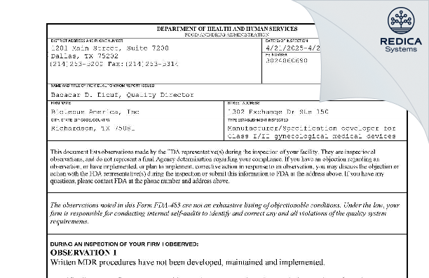 FDA 483 - BIOTEQUE AMERICA, INC. [Richardson / United States of America] - Download PDF - Redica Systems