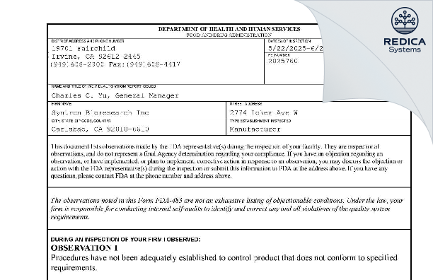 FDA 483 - Syntron Bioresearch Inc [Carlsbad / United States of America] - Download PDF - Redica Systems