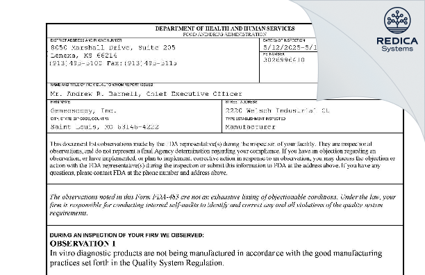 FDA 483 - Geneoscopy, Inc. [Saint Louis / United States of America] - Download PDF - Redica Systems