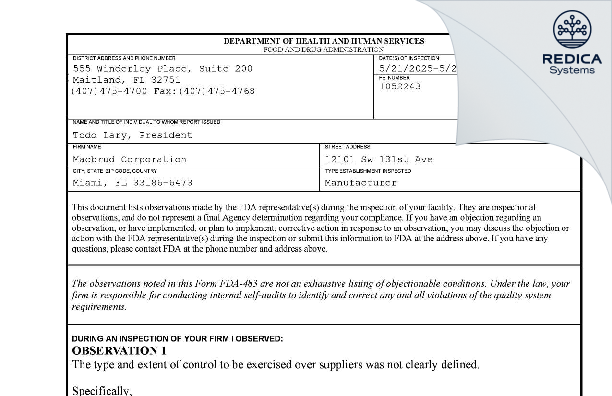 FDA 483 - Macbrud Corporation [Miami / United States of America] - Download PDF - Redica Systems