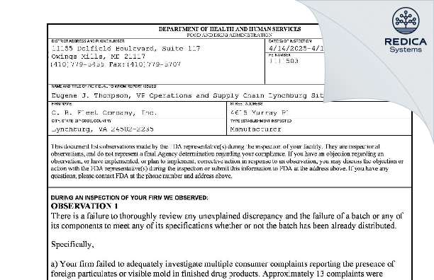 FDA 483 - C.B. Fleet Company, Inc. [Lynchburg / United States of America] - Download PDF - Redica Systems