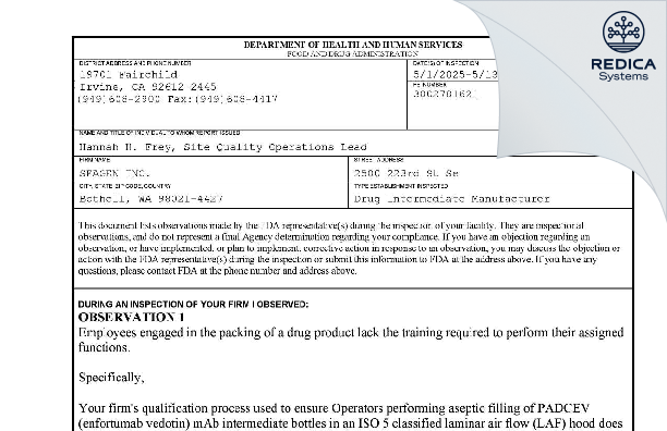 FDA 483 - SEAGEN INC. [Bothell / United States of America] - Download PDF - Redica Systems