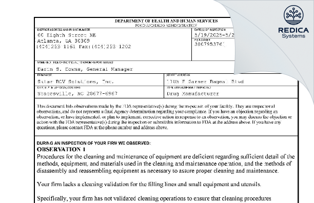 FDA 483 - Sklar BOV Solutions, Inc [Statesville / United States of America] - Download PDF - Redica Systems