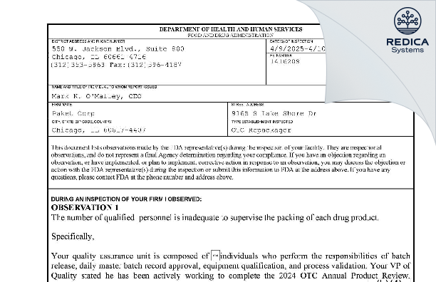 FDA 483 - Paket Corporation [Chicago / United States of America] - Download PDF - Redica Systems