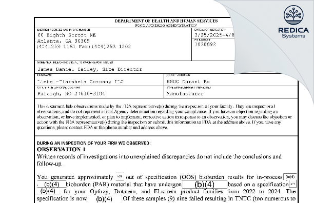 FDA 483 - Liebel-Flarsheim Company LLC [Raleigh / United States of America] - Download PDF - Redica Systems