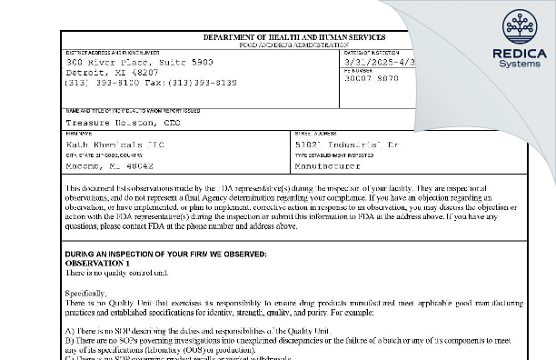 FDA 483 - Kath Khemicals LLC [Sterling Heights / United States of America] - Download PDF - Redica Systems