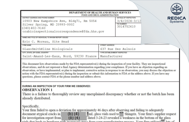 FDA 483 - GlaxoSmithKline Biologicals [Saint-Amand-Les-Eaux / France] - Download PDF - Redica Systems