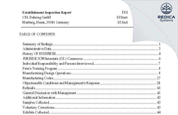 EIR - CSL Behring GmbH [Marburg / Germany] - Download PDF - Redica Systems