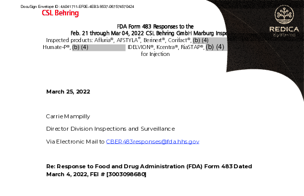 FDA 483 Response - CSL Behring GmbH [Marburg / Germany] - Download PDF - Redica Systems