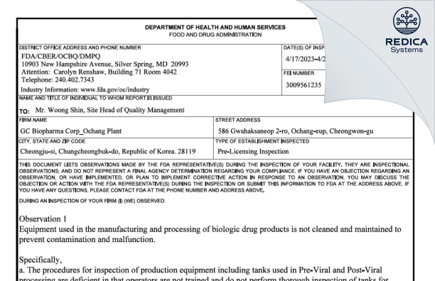 FDA 483 - GC Biopharma Corp_Ochang Plant [Cheongwon-Gu / Korea (Republic of)] - Download PDF - Redica Systems