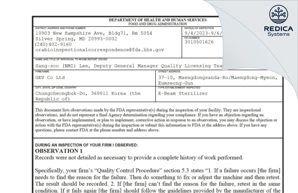 FDA 483 - GEV Co Ltd [Maengdong-Myeon / Korea (Republic of)] - Download PDF - Redica Systems