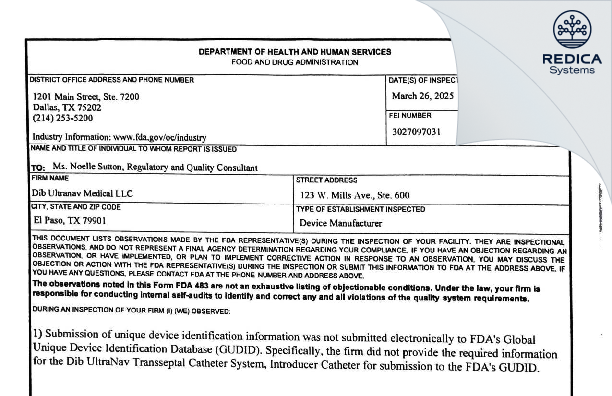 FDA 483 - DIB ULTRANAV MEDICAL, LLC [El Paso / United States of America] - Download PDF - Redica Systems