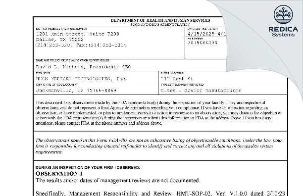 FDA 483 - HUCK MEDICAL TECHNOLOGIES, INC. (NICHOLS) [Jacksonville / United States of America] - Download PDF - Redica Systems