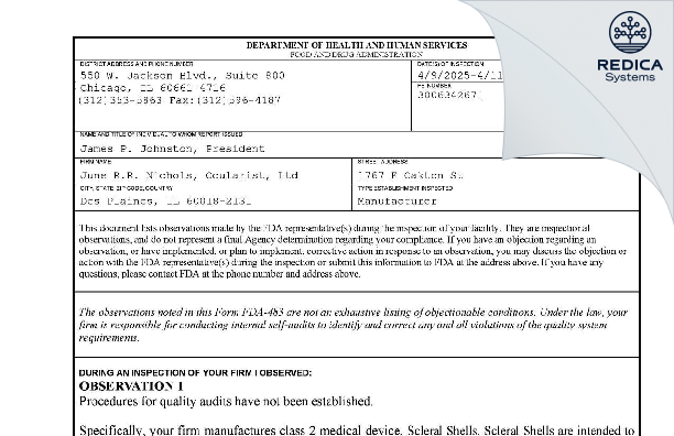 FDA 483 - June R.R. Nichols, Ocularist, Ltd [Des Plaines / United States of America] - Download PDF - Redica Systems
