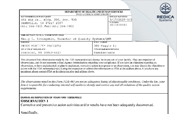 FDA 483 - PRIDE MOBILITY PRODUCTS CORPORATION [Pontotoc / United States of America] - Download PDF - Redica Systems