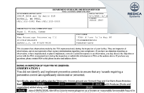 FDA 483 - Raw Advantage Processing LLC [Aumsville / United States of America] - Download PDF - Redica Systems