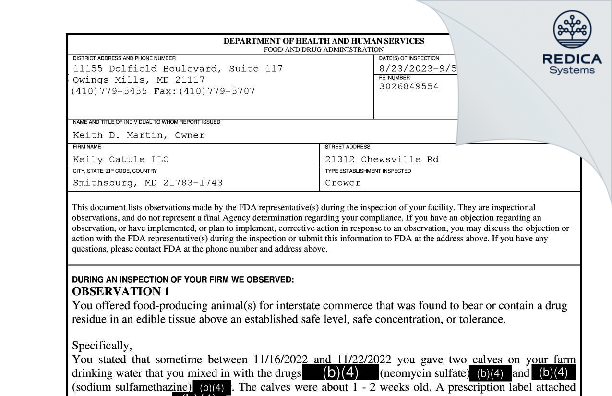 FDA 483 - Keily Cattle LLC [Smithsburg / United States of America] - Download PDF - Redica Systems
