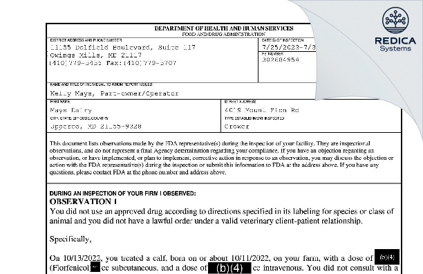 FDA 483 - Mays Dairy [Upperco / United States of America] - Download PDF - Redica Systems