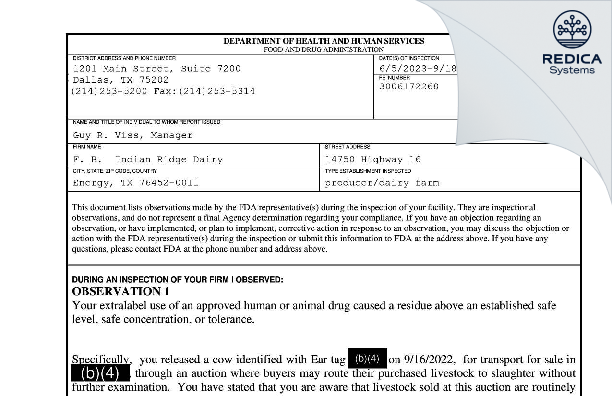 FDA 483 - F. B. Indian Ridge Dairy [Energy / United States of America] - Download PDF - Redica Systems