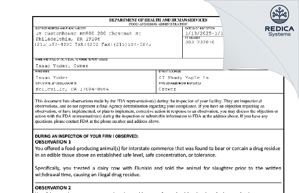 FDA 483 - Isaac Yoder [Belleville / United States of America] - Download PDF - Redica Systems