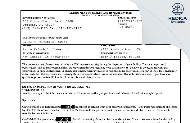 FDA 483 - Brice Fairchild [New Castle / United States of America] - Download PDF - Redica Systems