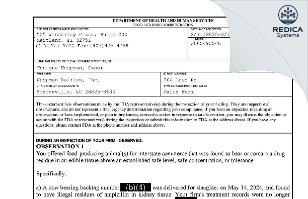 FDA 483 - Koopman Dairies Inc [Statesville / United States of America] - Download PDF - Redica Systems