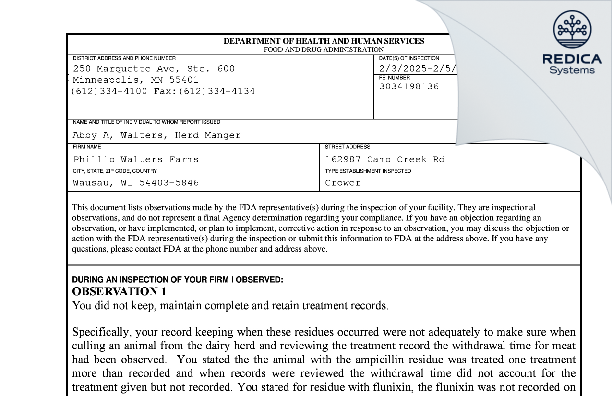 FDA 483 - Philip Walters Farms [Wausau / United States of America] - Download PDF - Redica Systems