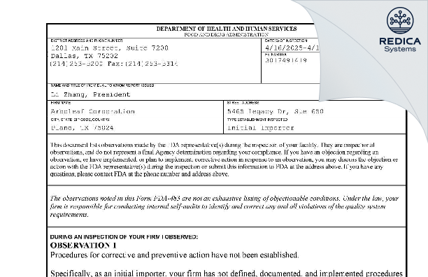 FDA 483 - ARBOLEAF CORPORATION [Plano / United States of America] - Download PDF - Redica Systems