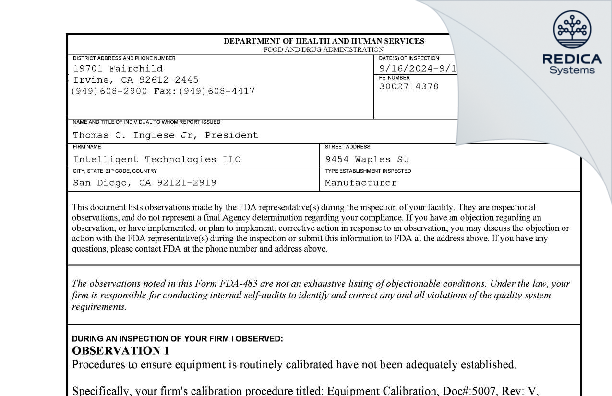FDA 483 - ITECH [San Diego / United States of America] - Download PDF - Redica Systems