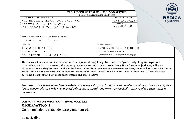 FDA 483 - H & W MOLDING, LLC [Millington / United States of America] - Download PDF - Redica Systems
